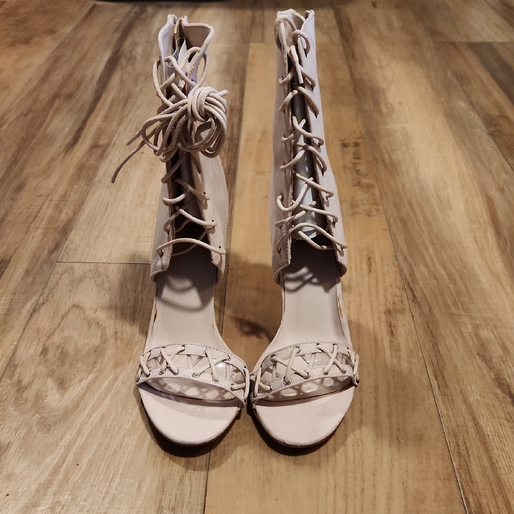 Qupid Blush Lace-Up Open-Toe Boots